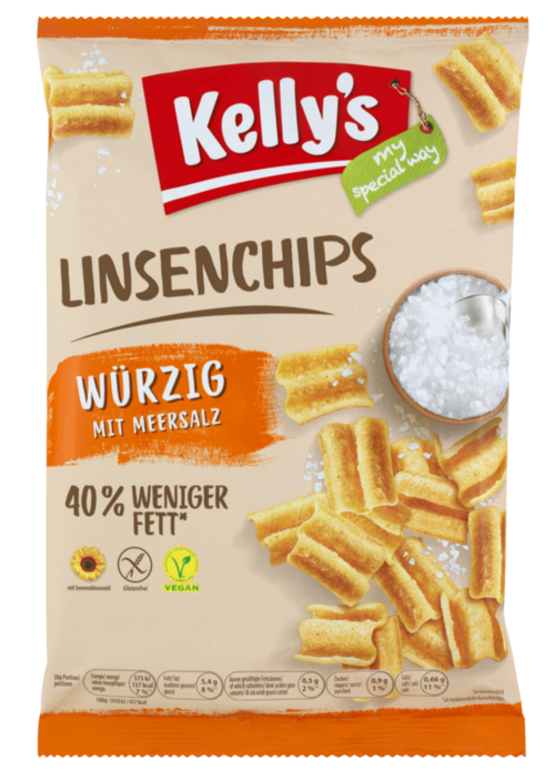 Verpackung von Kelly’s Linsenchips seasoned with Sea Salt