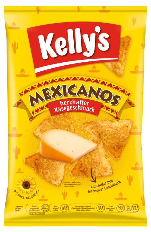 Verpackung von Kelly's Mexicanos herzhafter Käsegeschmack