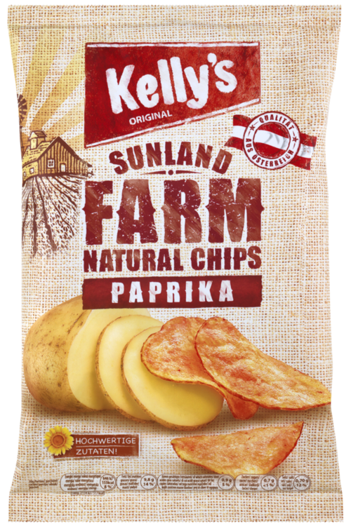 Verpackung von Kelly's SUNLAND FARM Chips Paprika
