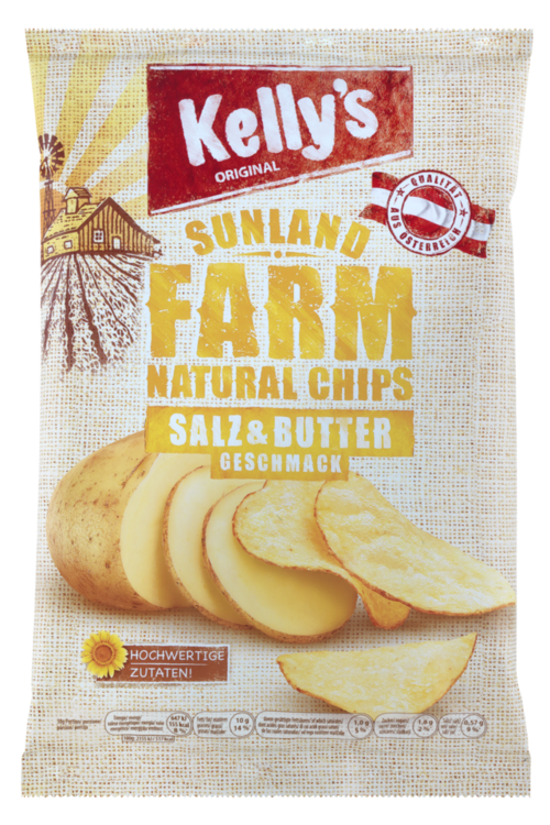 Verpackung von Kelly’s SUNLAND FARM Chips Salz & Butter