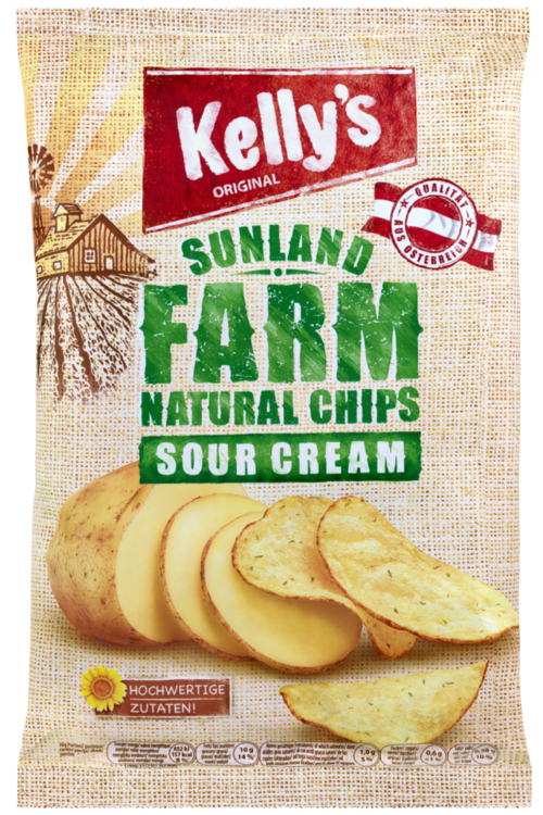 Verpackung von Kelly’s SUNLAND FARM Chips Sour Cream
