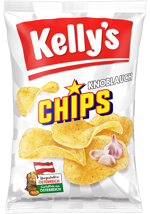 Verpackung von Kelly's Chips Garlic