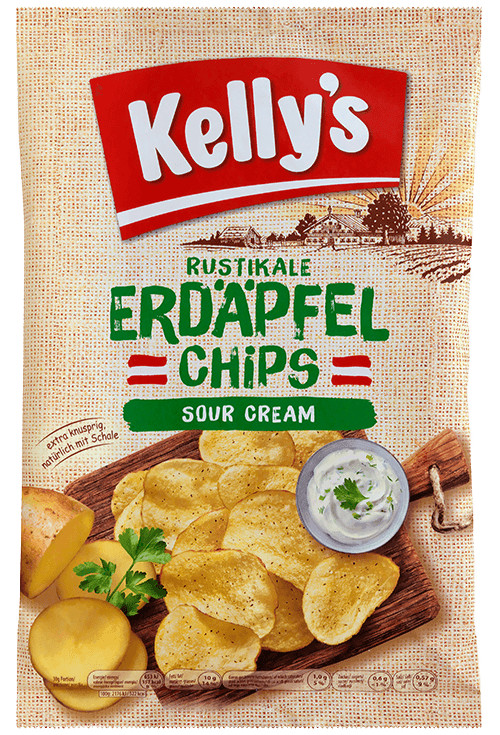 Verpackung von Kelly’s Erdäpfelchips Sour Cream