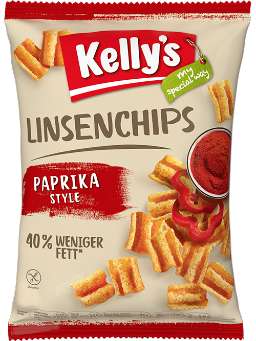 Verpackung von Kelly’s Linsenchips Paprika